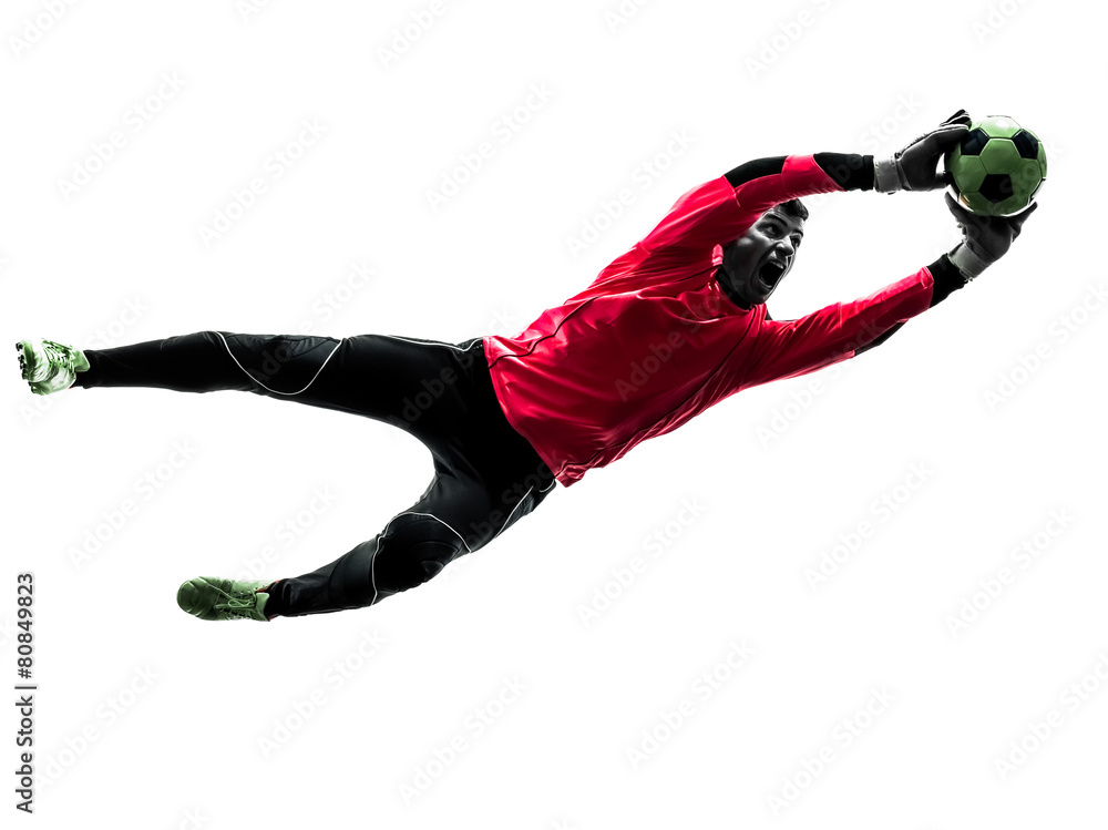 Fototapeta premium caucasian soccer player goalkeeper man catching ball silhouette