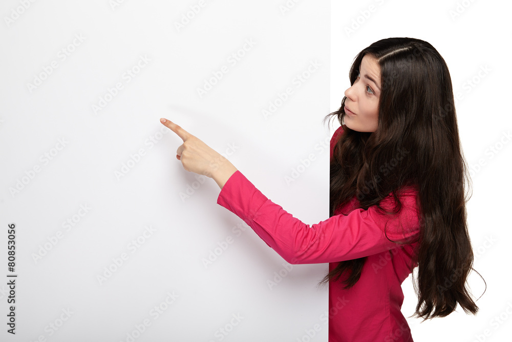 Happy beautiful young woman showing blank Happy beautiful young woman showing blank