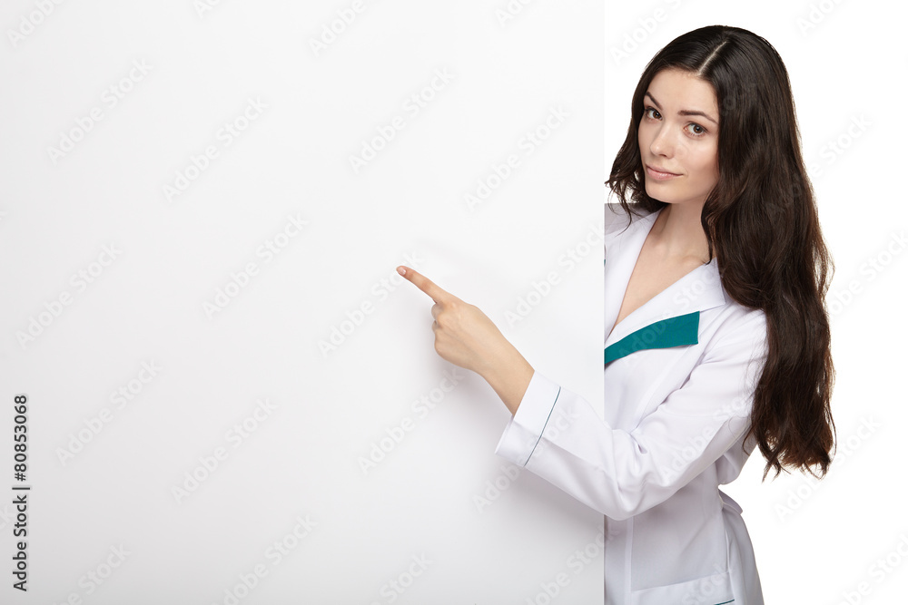 medical doctor woman smile hold blank card board medical doctor woman smile hold blank card board