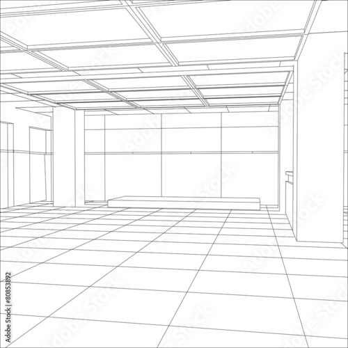 Interior office outlined. Tracing illustration of 3d