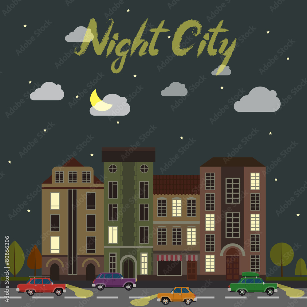 City street at night. Cars and buildings in cartoon style
