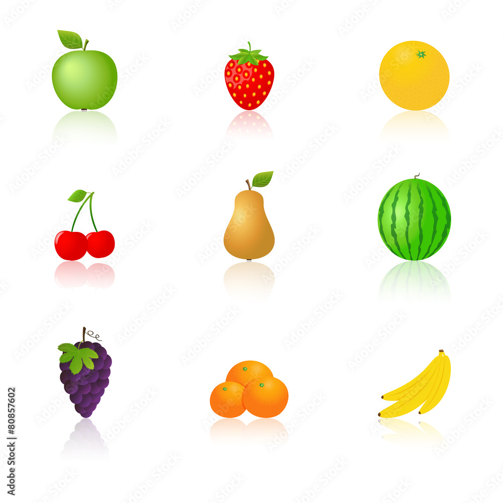 Fruits icons with reflection Fruits icons with reflection