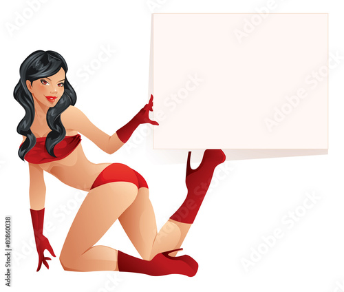 Sexy brunette girl holding an advertisement placard