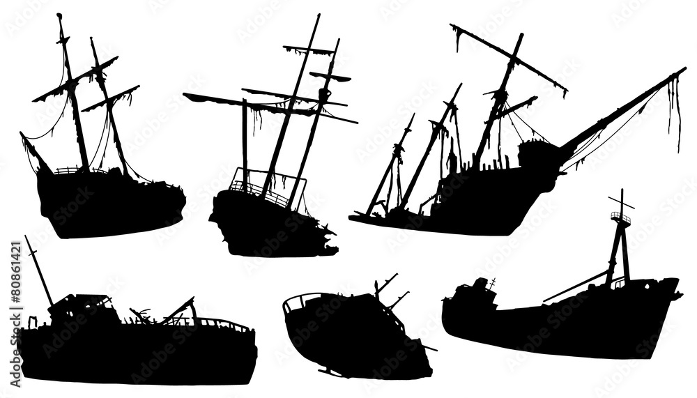 shipwreck silhouettes - obrazy, fototapety, plakaty 