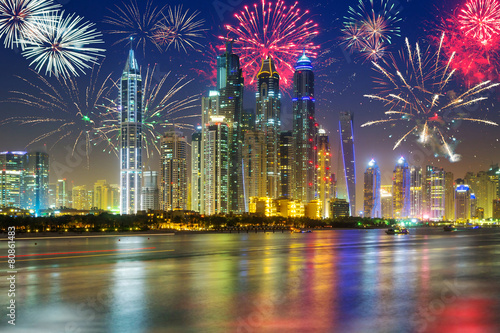 Fireworks displayon the sky in Dubai city, UAE