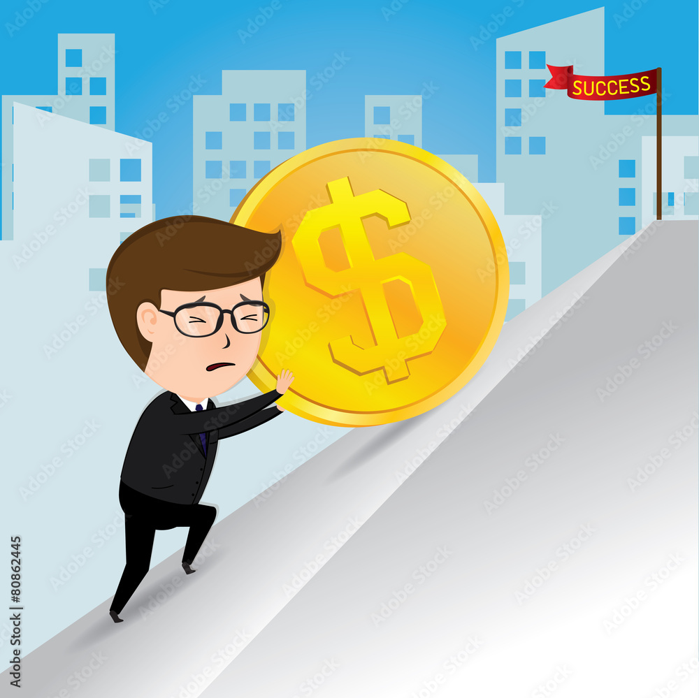 Businessman pushing a gold coins uphill Businessman pushing a gold coins uphill