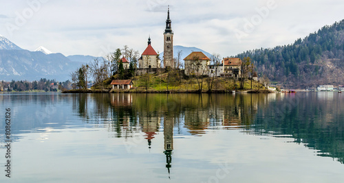 Church on Bled with own reflection
