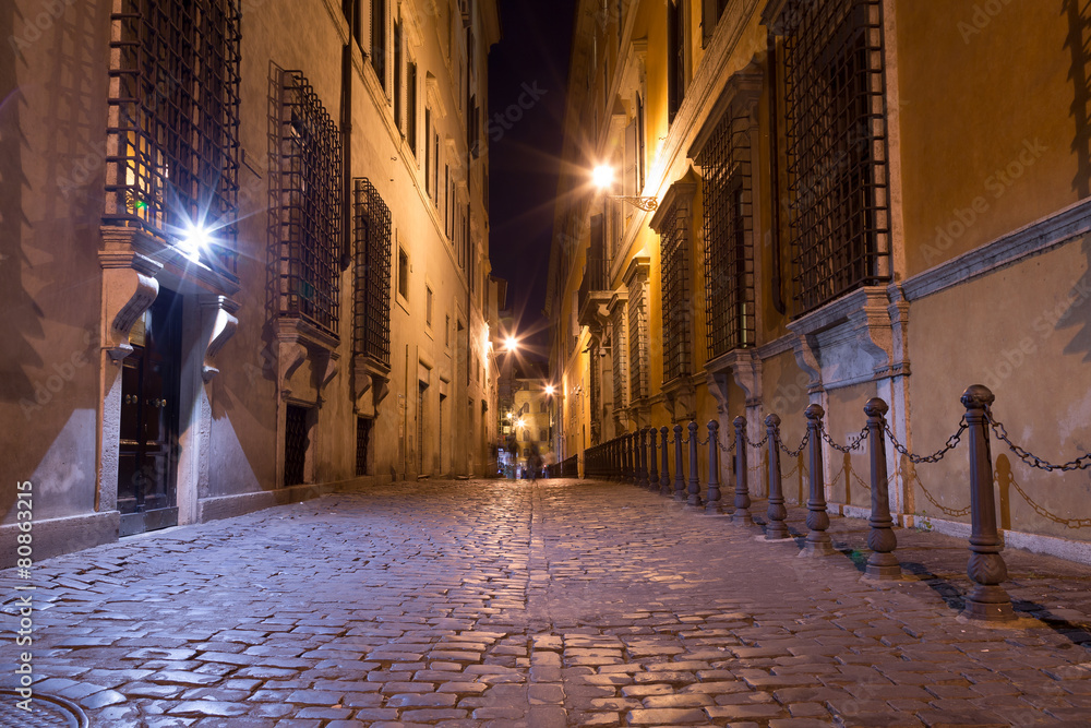 Pedestrian Paths between Buildings in Central Rome at Night