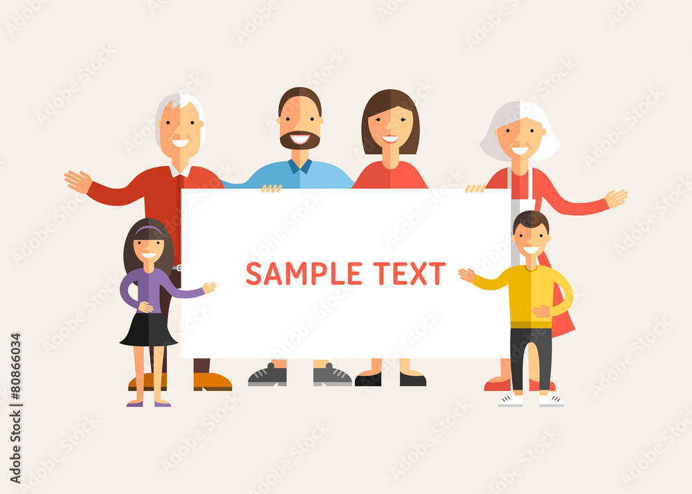 Happy Family Holding a Banner. Flat Design Vector Illustration Happy Family Holding a Banner. Flat Design Vector Illustration