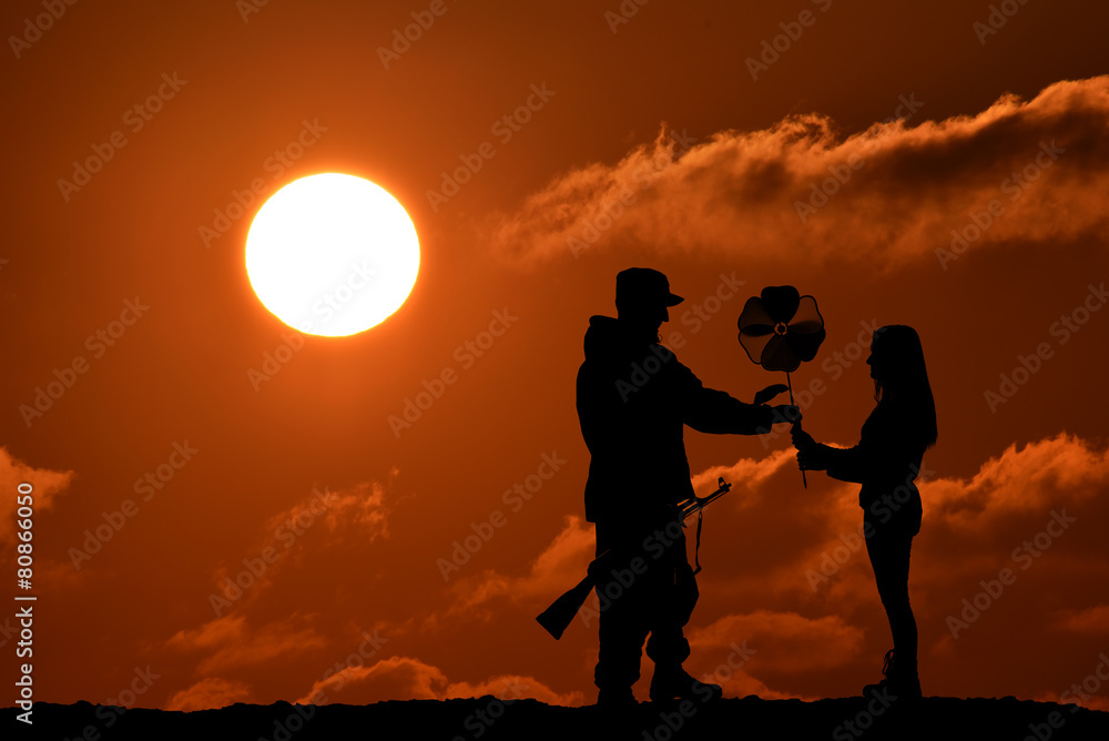 Silhouette of peace and love versus war and anger. No war Silhouette of peace and love versus war and anger. No war