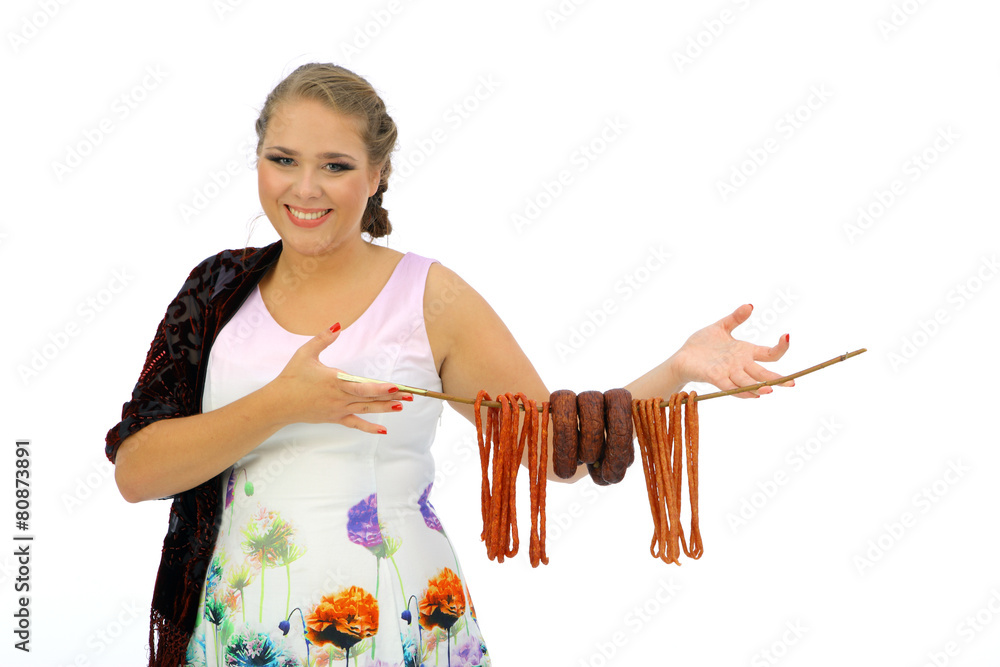 Fototapeta premium kobieta i kiełbasa