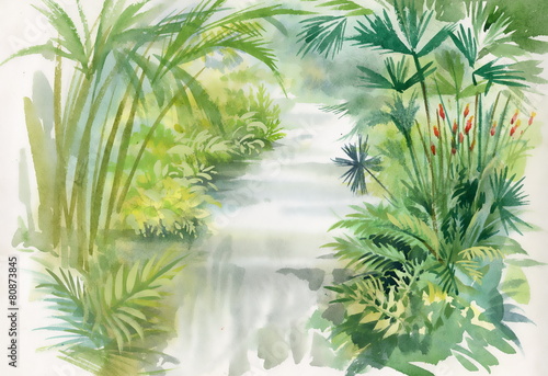 Watercolor illustration of waterfall in jungle