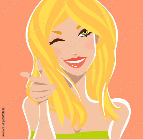 Smiley wink blonde in a green to the coral background