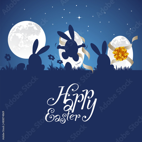 Easter related gold ribbon moon egg blue background photo