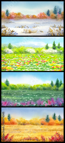 Steppe in different seasons. Watercolor landscape