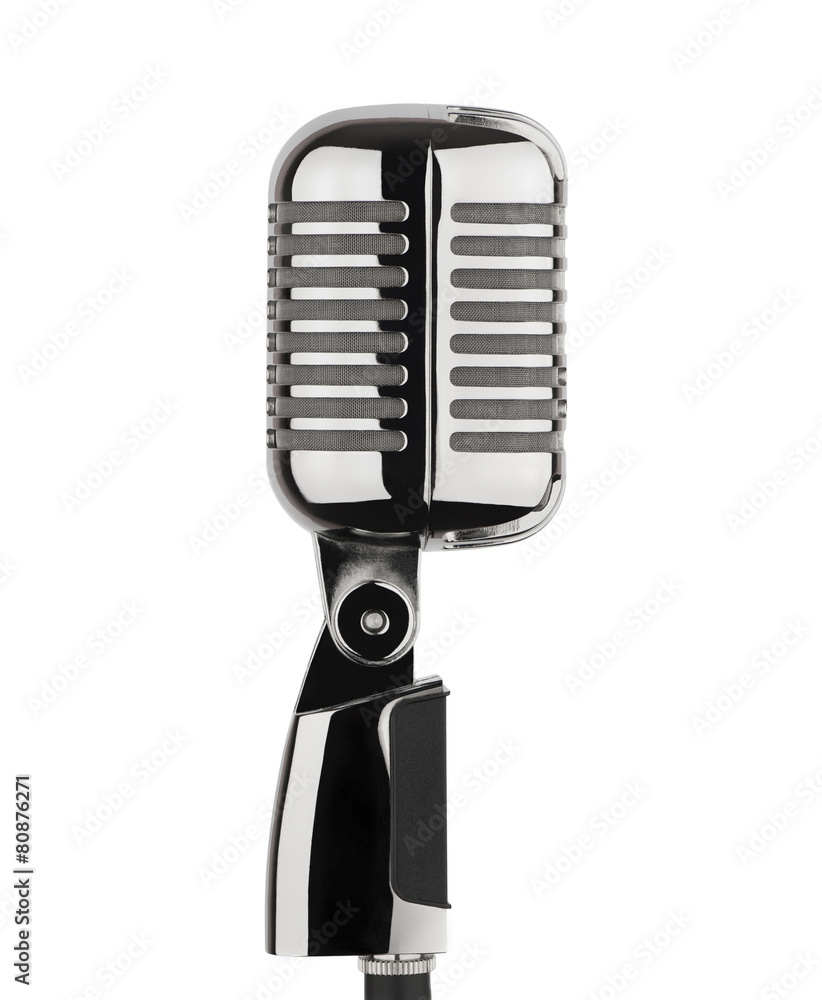 Fototapeta premium Vintage silver metal microphone isolated on white background