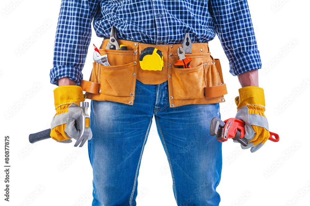 ready to work close up view on tools in toolbelt and hands isola ready to work close up view on tools in toolbelt and hands isola