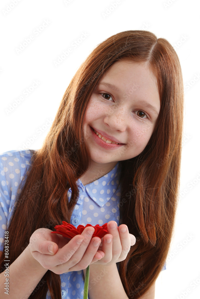 Beautiful little girl with flower, isolated on white Beautiful little girl with flower, isolated on white