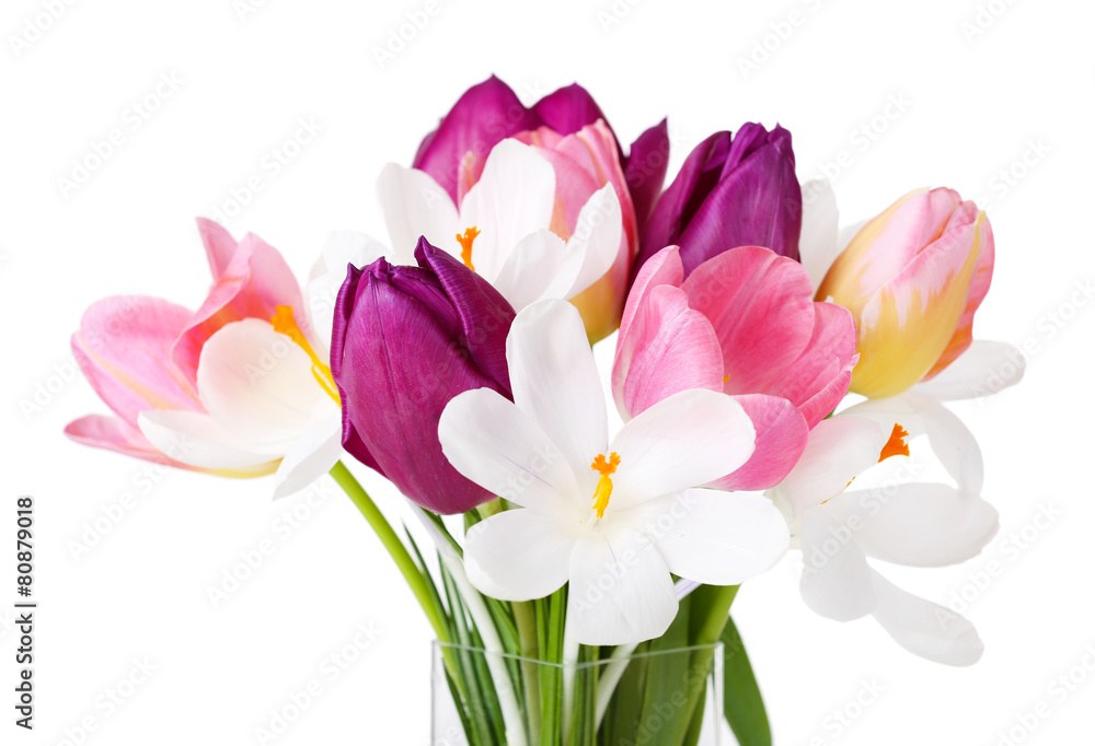 Fresh bouquet with tulips and crocus isolated on white Fresh bouquet with tulips and crocus isolated on white
