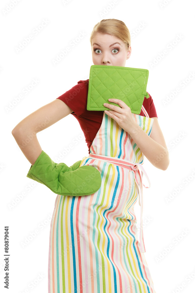 housewife in kitchen apron surprised face wide eyes housewife in kitchen apron surprised face wide eyes
