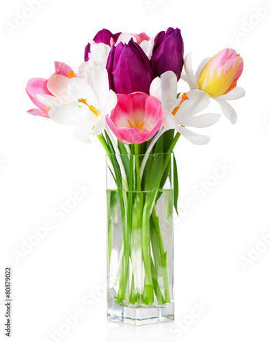 Fototapeta Naklejka Na Ścianę i Meble -  Fresh bouquet with tulips and crocus isolated on white