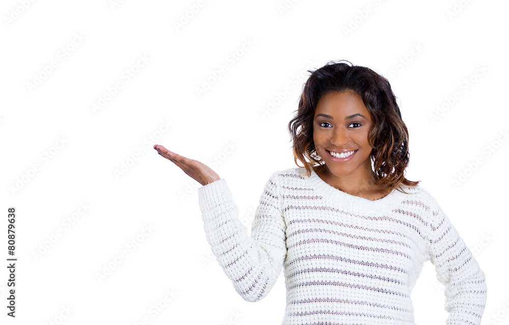 confident young smiling woman gesturing, presenting space confident young smiling woman gesturing, presenting space