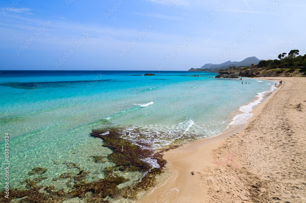 Azure sea of Son Mol beach on coast of Majorca island, Spain