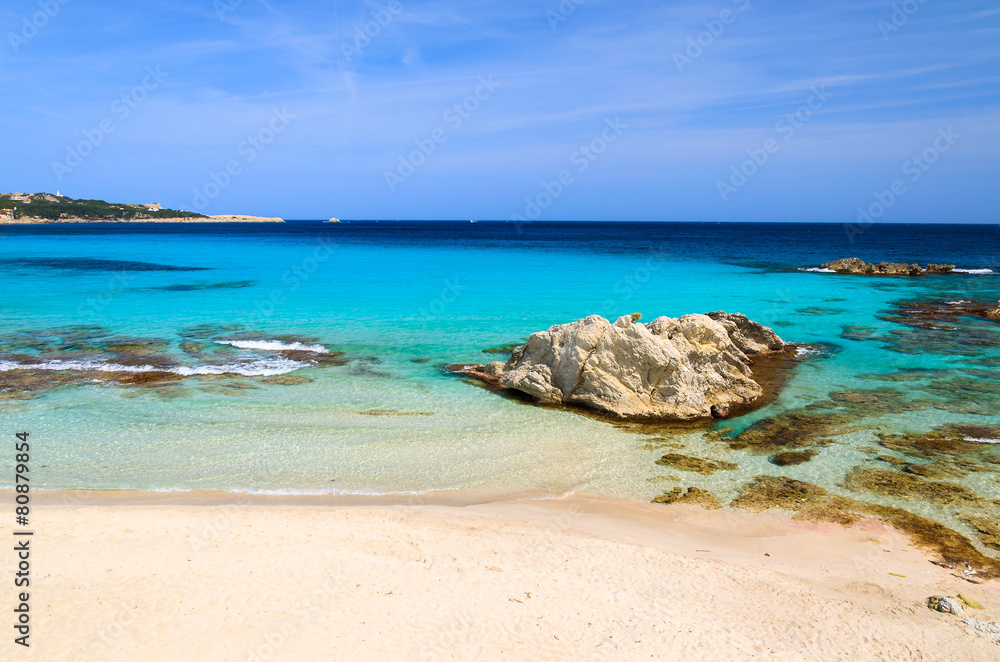 Azure sea of Son Mol beach on coast of Majorca island, Spain
