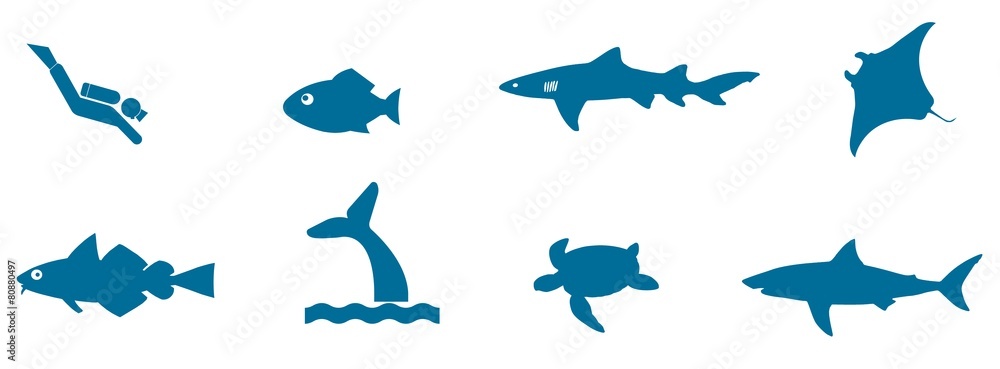 Animaux marins et plongeur en 8 icônes Animaux marins et plongeur en 8 icônes
