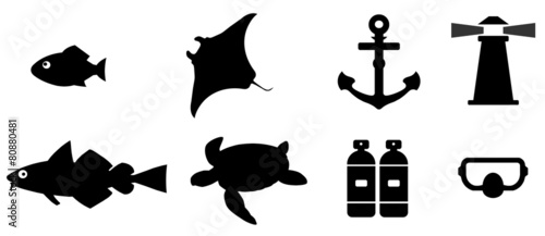 Animaux marins et plongée en 8 icônes