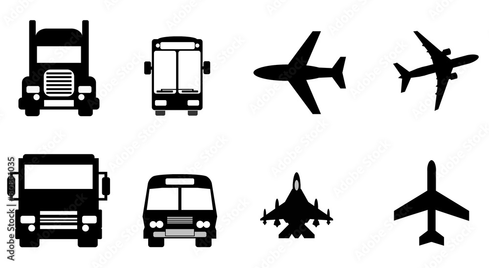 Transports routier et aérien en 8 icônes Transports routier et aérien en 8 icônes