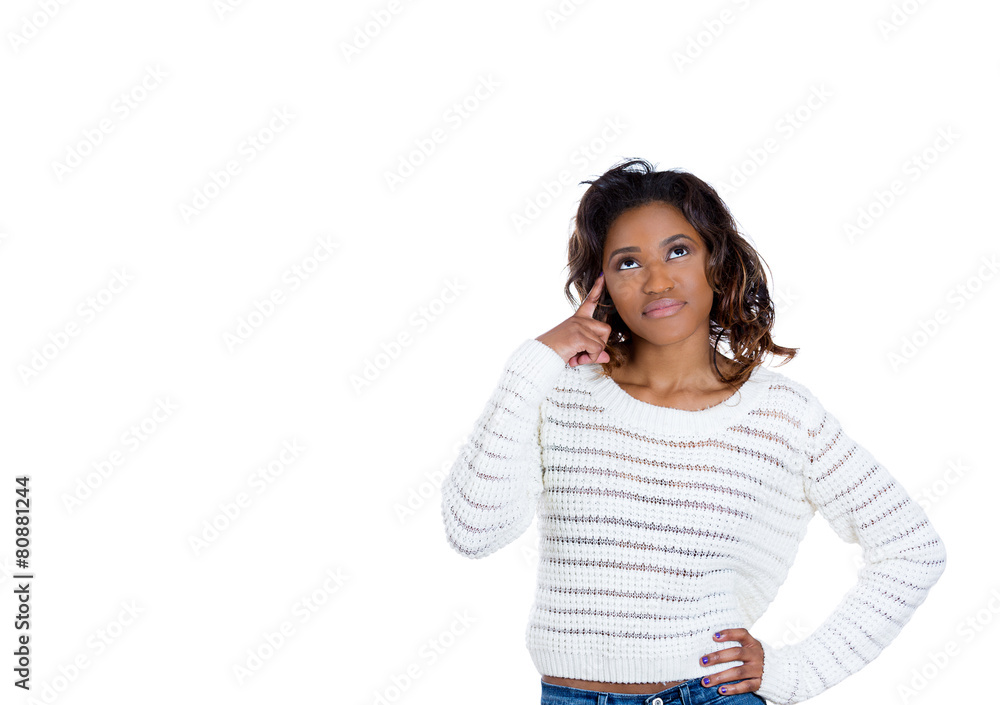 Portrait happy young woman thinking daydreaming isolated on white background Portrait happy young woman thinking daydreaming isolated on white background