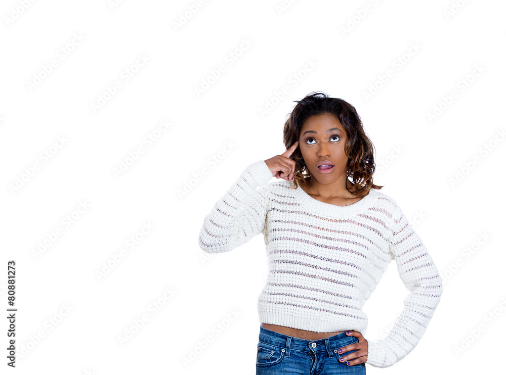 Portrait happy young woman thinking daydreaming isolated on white background Portrait happy young woman thinking daydreaming isolated on white background