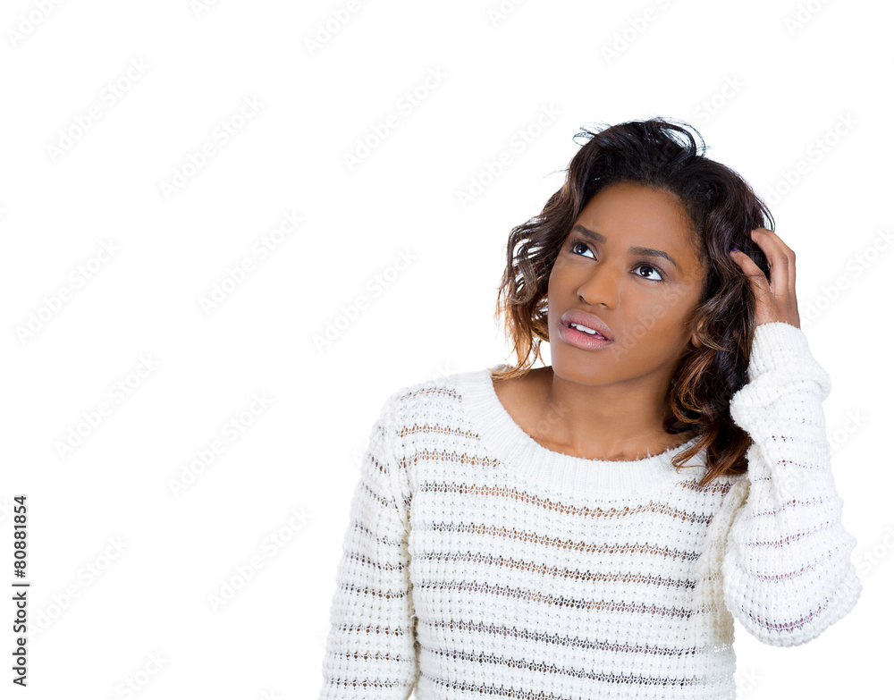 Portrait confused thinking young woman bewildered scratching her head seeks a solution looking up has many questions isolated on white background. Human face expression Portrait confused thinking young woman bewildered scratching her head seeks a solution looking up has many questions isolated on white background. Human face expression