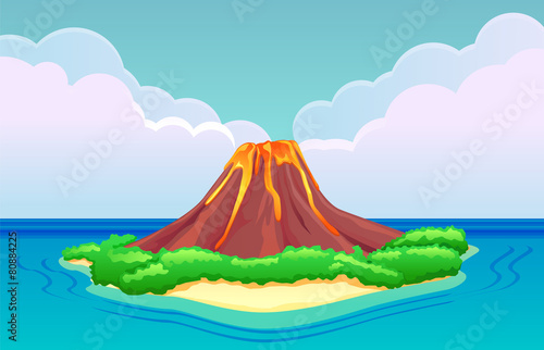 Volcano island with lava flowing down