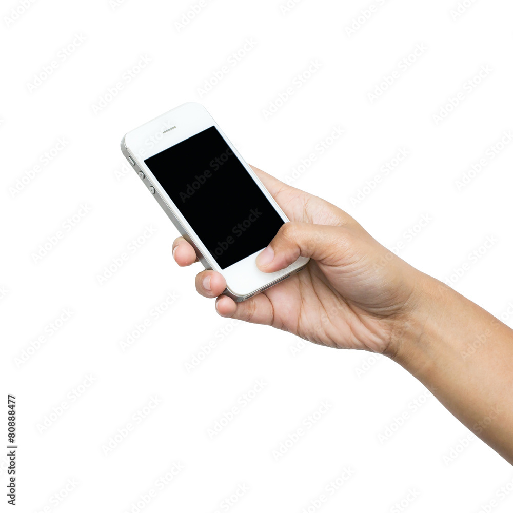 Woman holding smart phone isolated on white background Woman holding smart phone isolated on white background