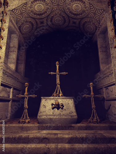 Ołtarz w starej kaplicy z krzyżami zrobionymi z czaszek i kości photo