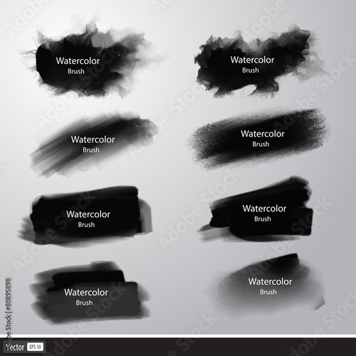 Vector set black watercolor paint brushes. Artistic strokes.