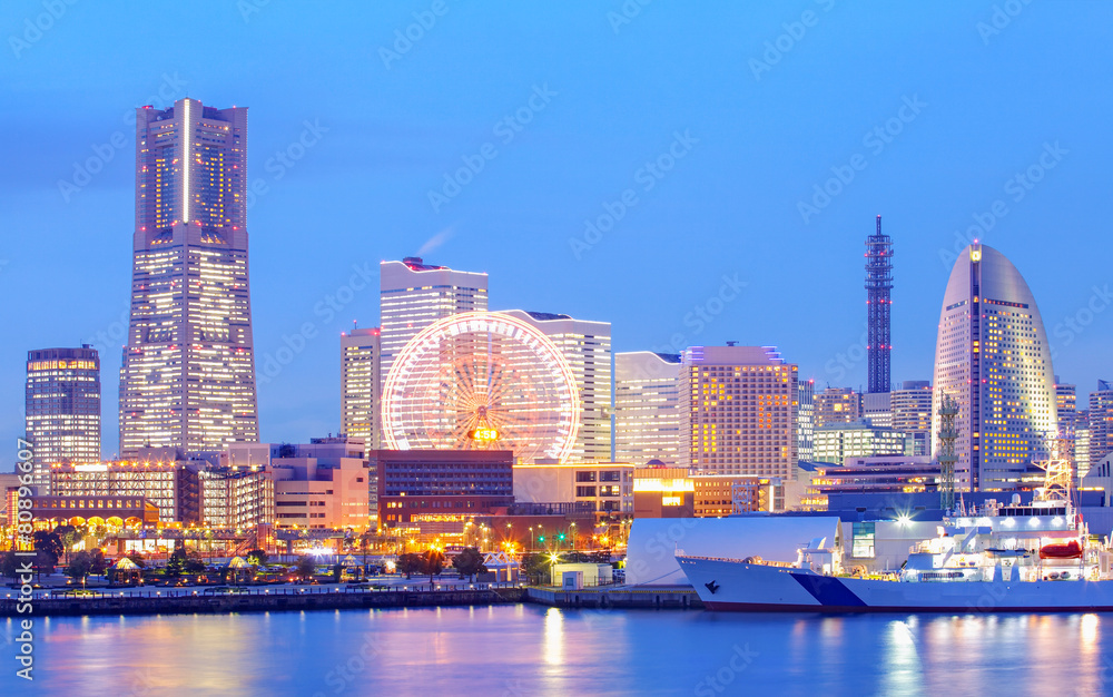 Yokohama skyline at minato mirai area at night view..