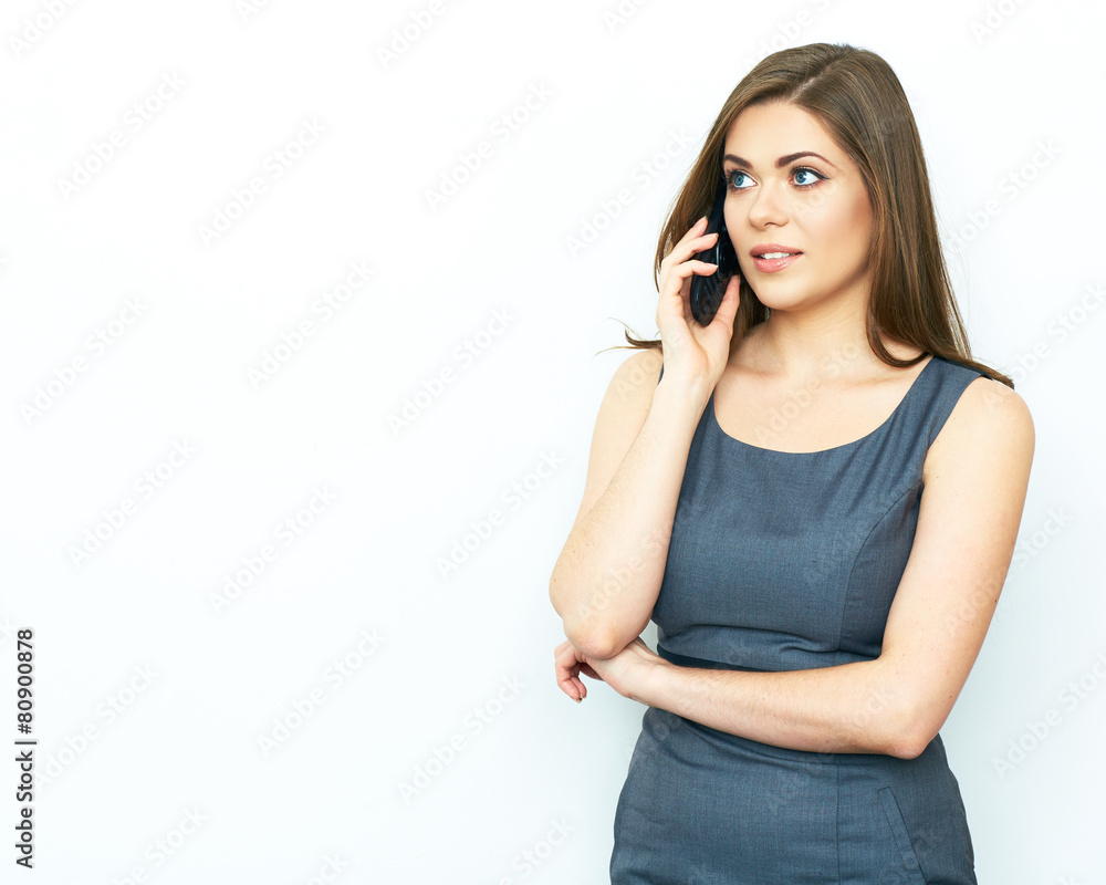 Business woman phone talking. Isolated portrait. Business woman phone talking. Isolated portrait.