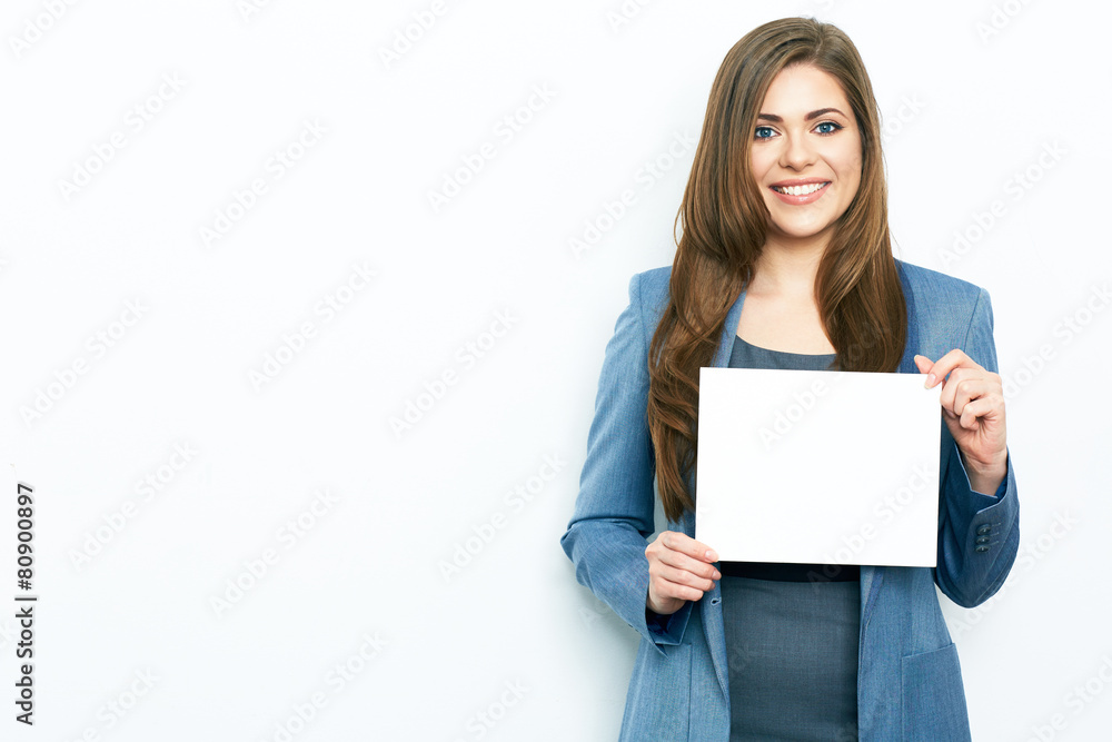 business woman isolated portrait with white blank card. business woman isolated portrait with white blank card.