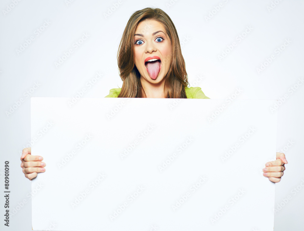 Sign board. Woman holding big white blank card.