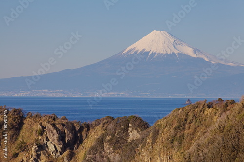 Mountain Fuji and sea from Izu city , Shizuoka .