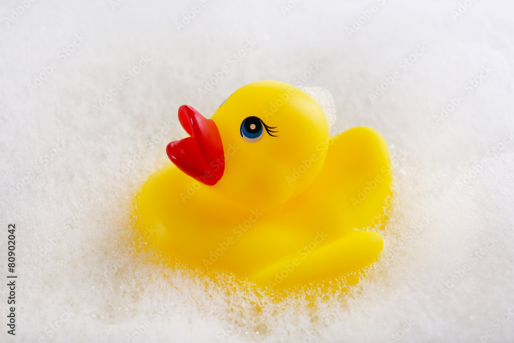 Rubber duck in foam close-up Rubber duck in foam close-up