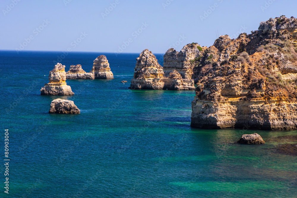 beautiful rock formations in the sea,  Algarve, Portugal