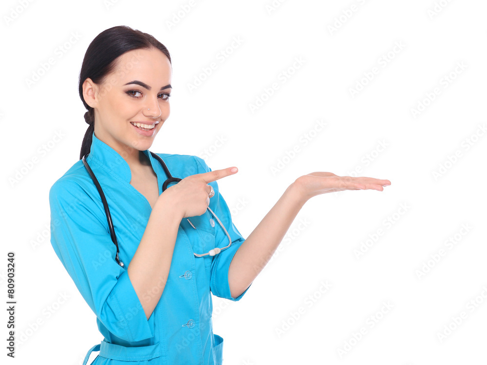Medical doctor woman presenting and showing copy space for produ Medical doctor woman presenting and showing copy space for produ