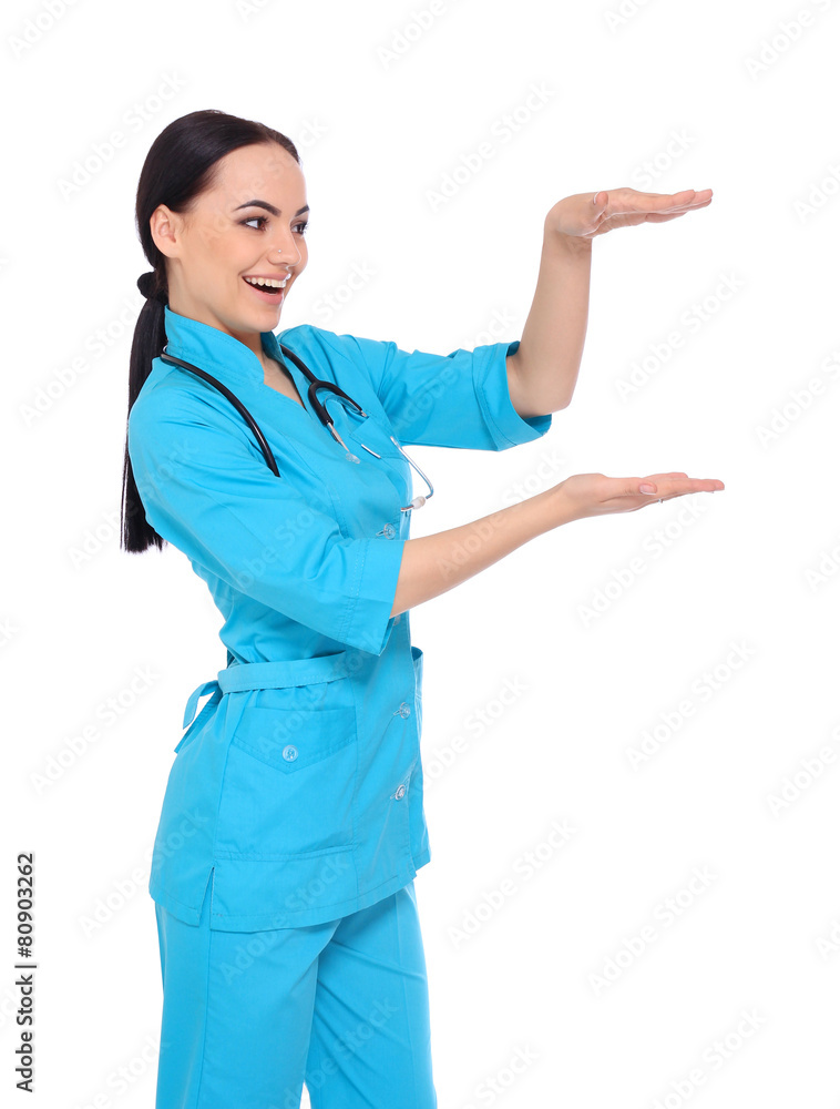 Medical doctor woman presenting and showing copy space for produ Medical doctor woman presenting and showing copy space for produ