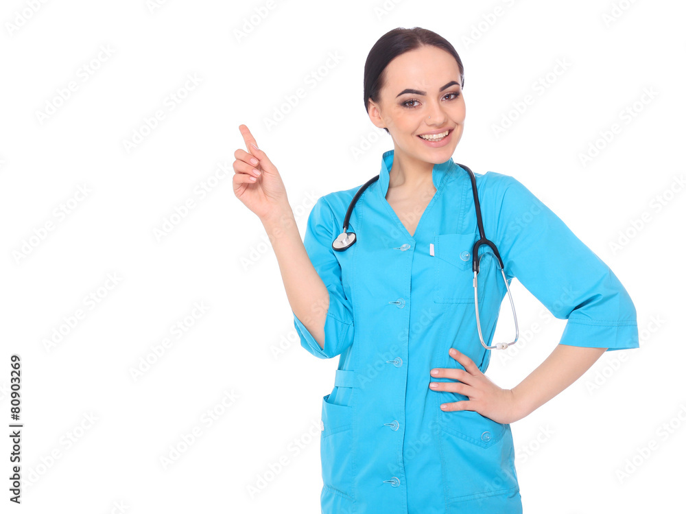 Medical doctor woman presenting and showing copy space for produ Medical doctor woman presenting and showing copy space for produ