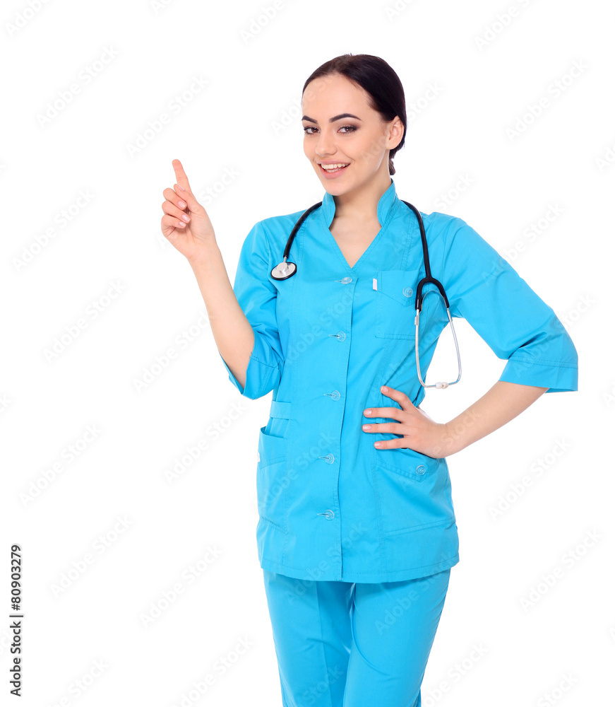 Medical doctor woman presenting and showing copy space for produ Medical doctor woman presenting and showing copy space for produ