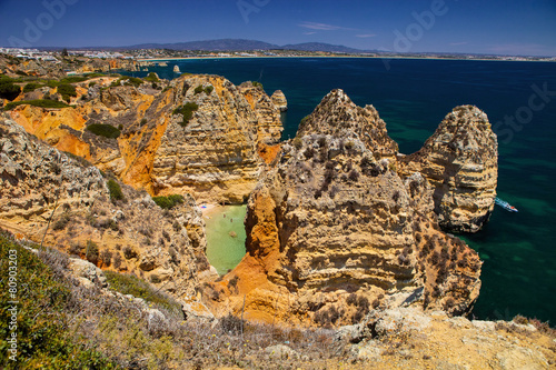 beautiful rock formations in the sea, Algarve, Portugal